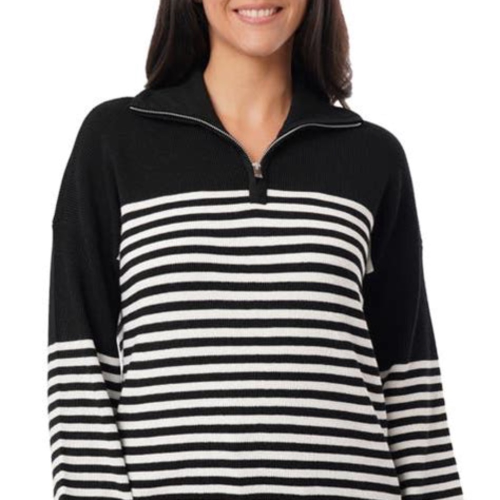Devotion by Cyrus Popover Black Striped half zip knit sweater women S